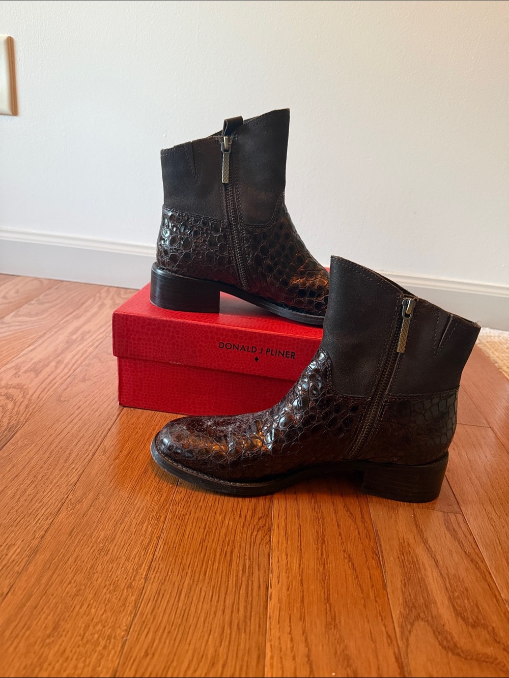 Donald J. Pliner Brown Croc-Embossed Leather Ankle Boots